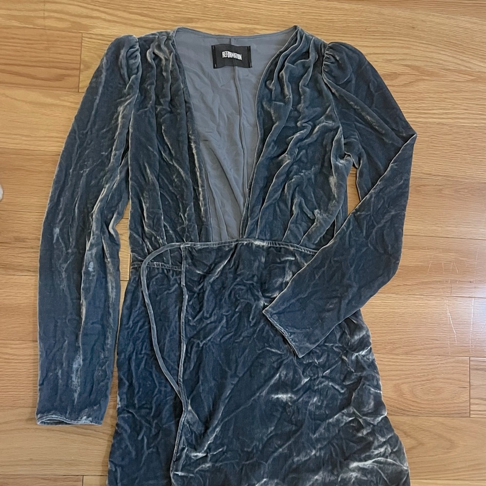 Reformation Blue Velvet Silk Blend Long Sleeve Wrap Dress Small
